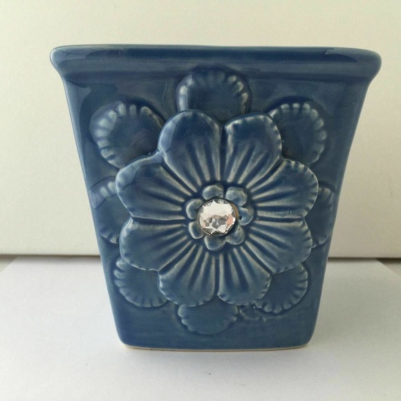 Blue Ceramic Planter Pot Glazed Raised Flower Faux Diamond Decorative Design - Picture 2 of 4